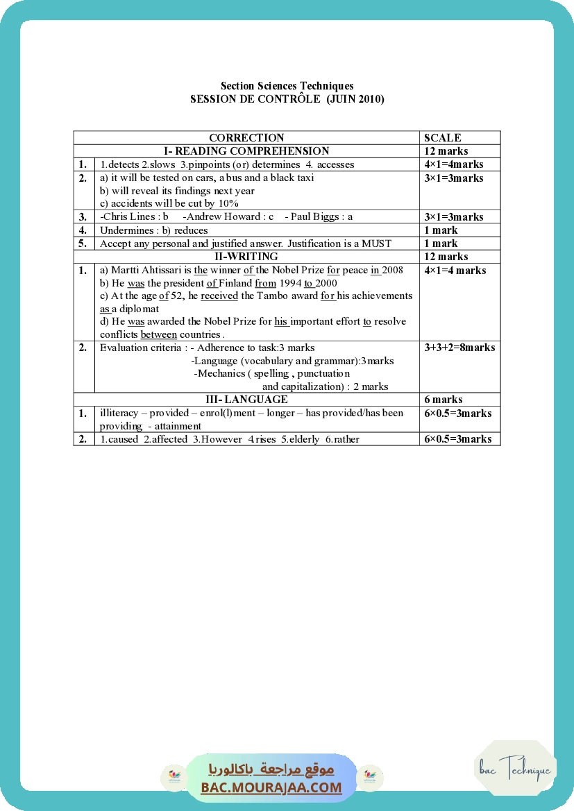 Corrigé controle anglais Bac 2010 – Section technique